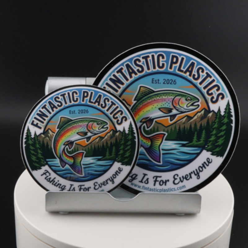 Outdoor vinyl sticker with Fintastic Plastics circular fish logo, Est. 2026 text