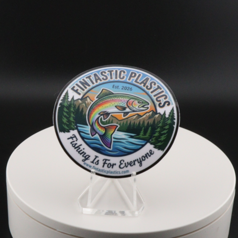Outdoor vinyl sticker with Fintastic Plastics circular fish logo and Fishing Is For Everyone