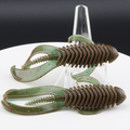 Soft plastic fishing lure set with speckled green bodies, brown ribs, visible hooks