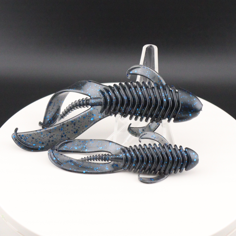 Soft plastic creature baits in dark blue glitter, 3.25–4.25 in