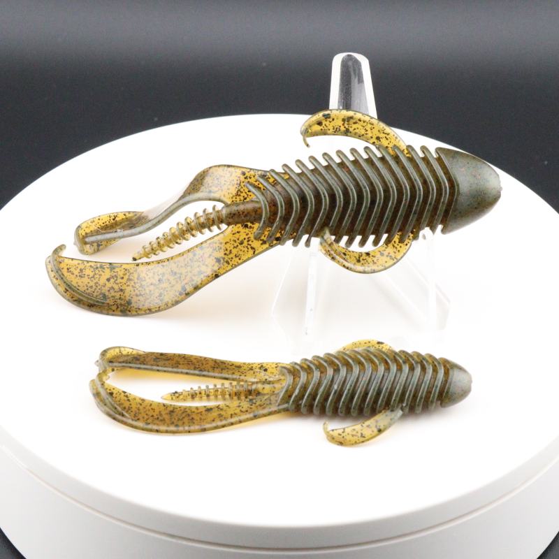 Soft plastic creature baits in speckled gold chartreuse, 3.25–4.25 in