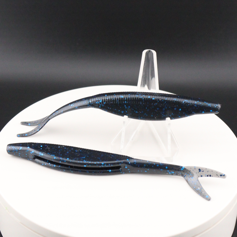 5-inch darter fluke fishing lure, dark blue with light speckles and forked tail