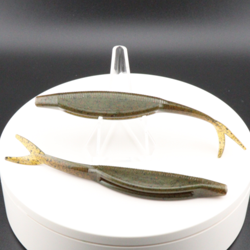 5-inch darter fluke fishing lure, brown olive with glitter speckles and split tail