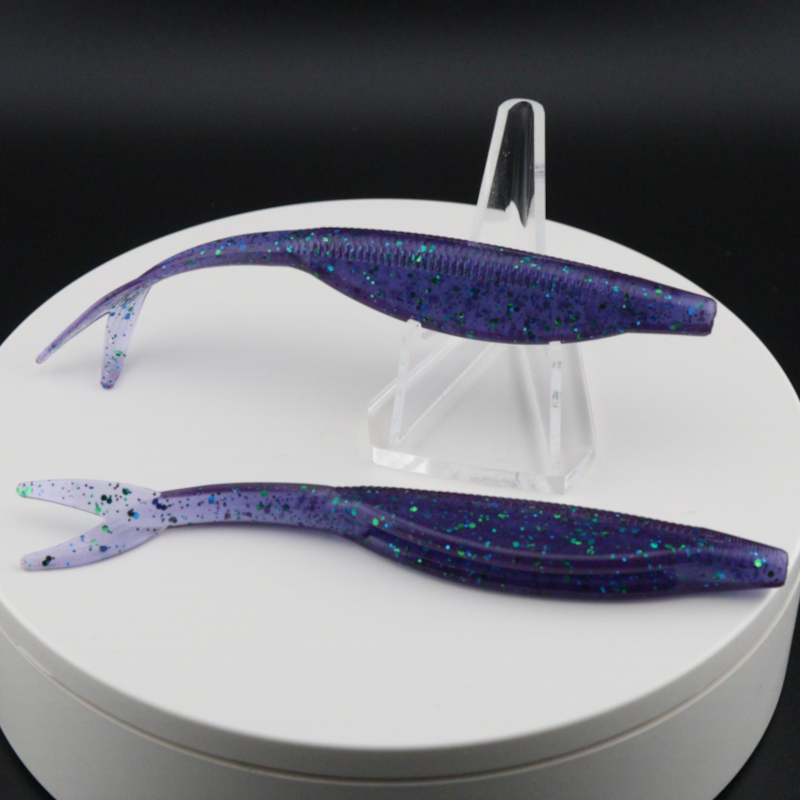 5-inch darter fluke fishing lure, purple blue with glitter speckles and forked tail