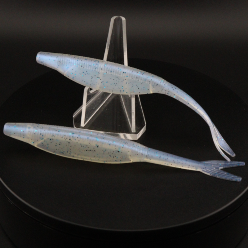 5-inch darter fluke fishing lure, light blue translucent with speckles and forked tail