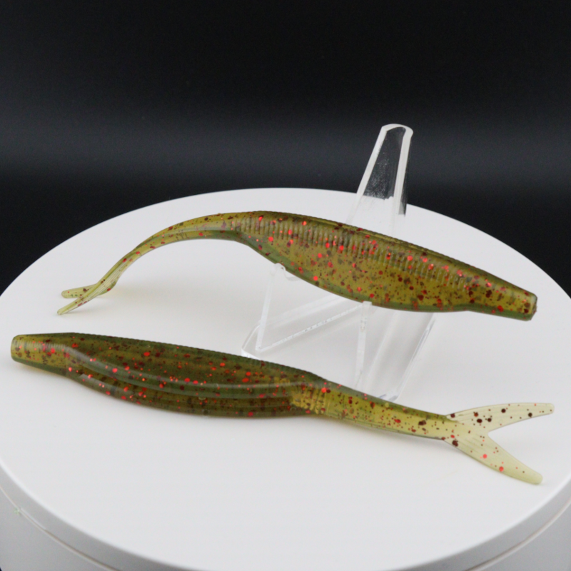 5-inch darter fluke fishing lure, green olive with red speckles and pale forked tail