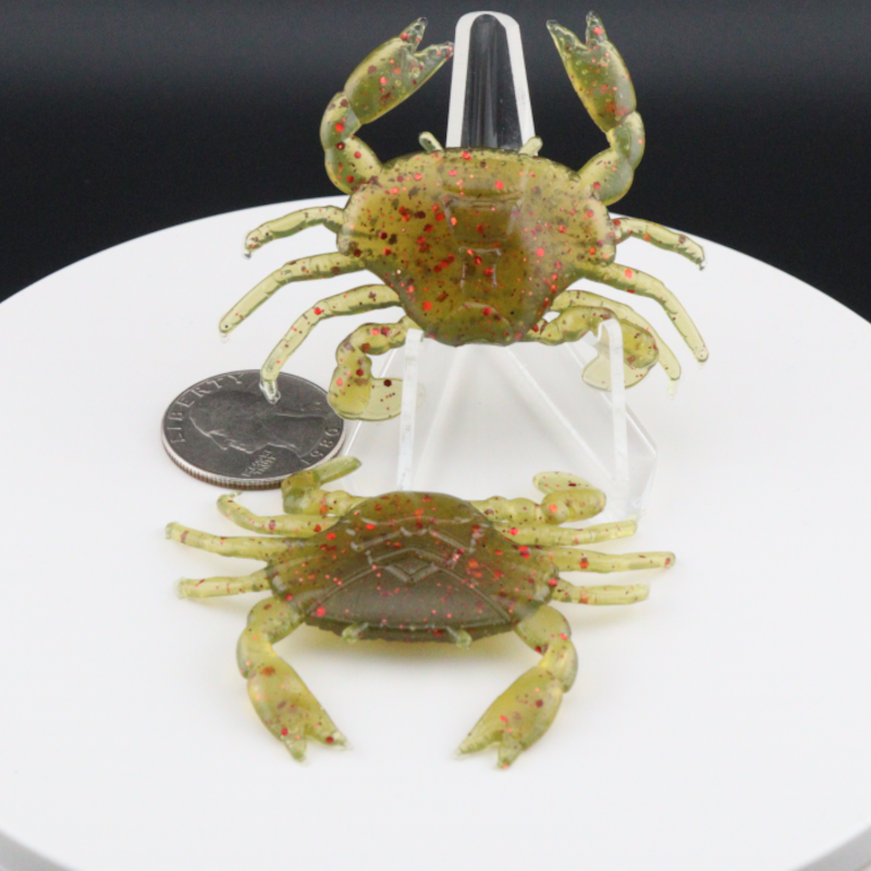 1.3-inch crab lure with two green crabs with red speckles on clear holder
