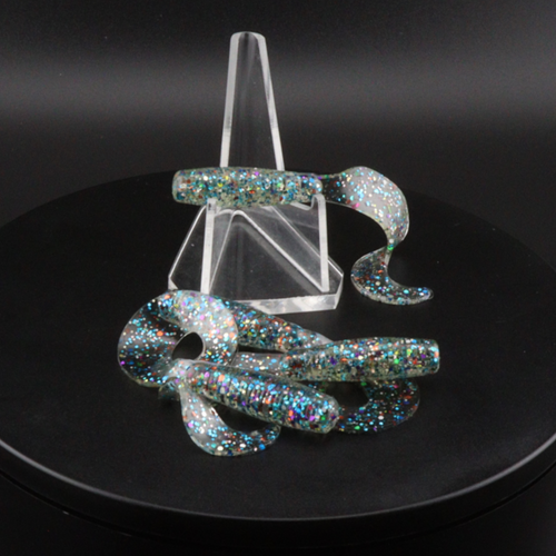 Iridescent glitter grub baits with clear plastic display, curled worm shapes