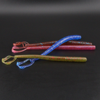 5.5in plastic fishing worm lure in red and blue with speckled finish