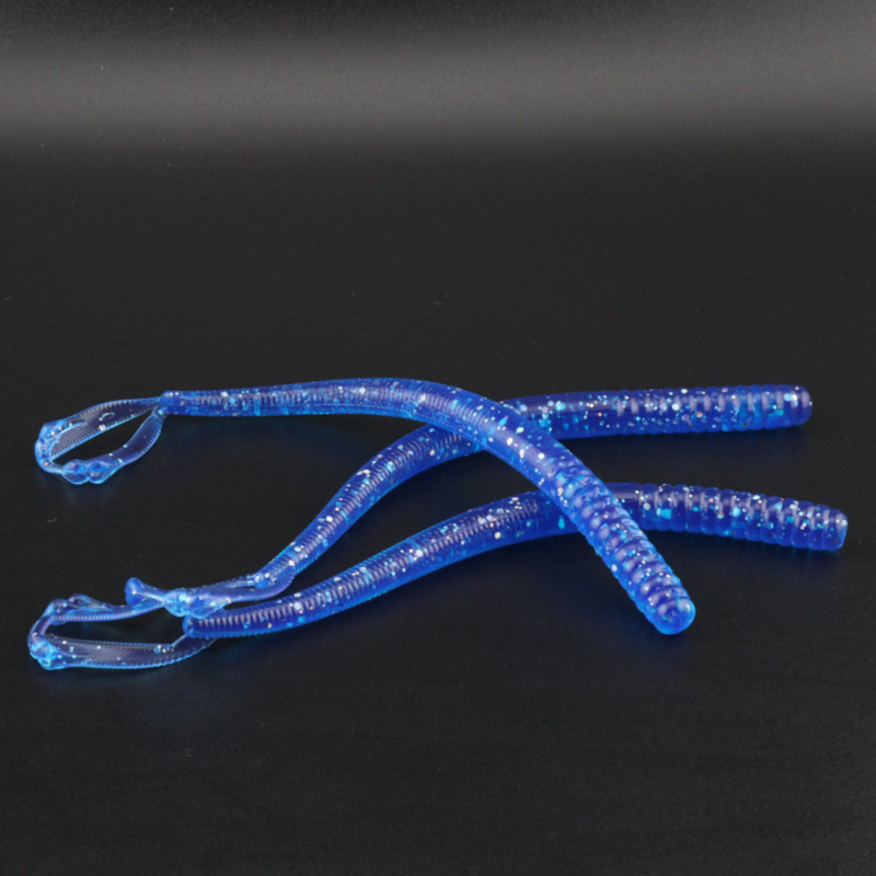 5.5in plastic fishing worm lure in bright blue glitter finish
