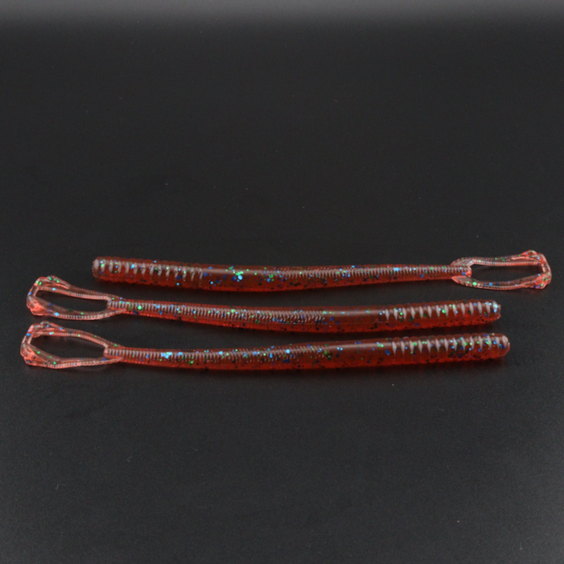 5.5in plastic fishing worm lure in dark red with speckled finish