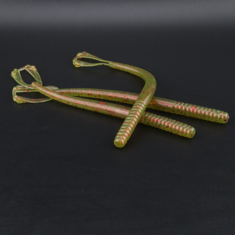 5.5in plastic fishing worm lure in green with red speckles and ribbon tail