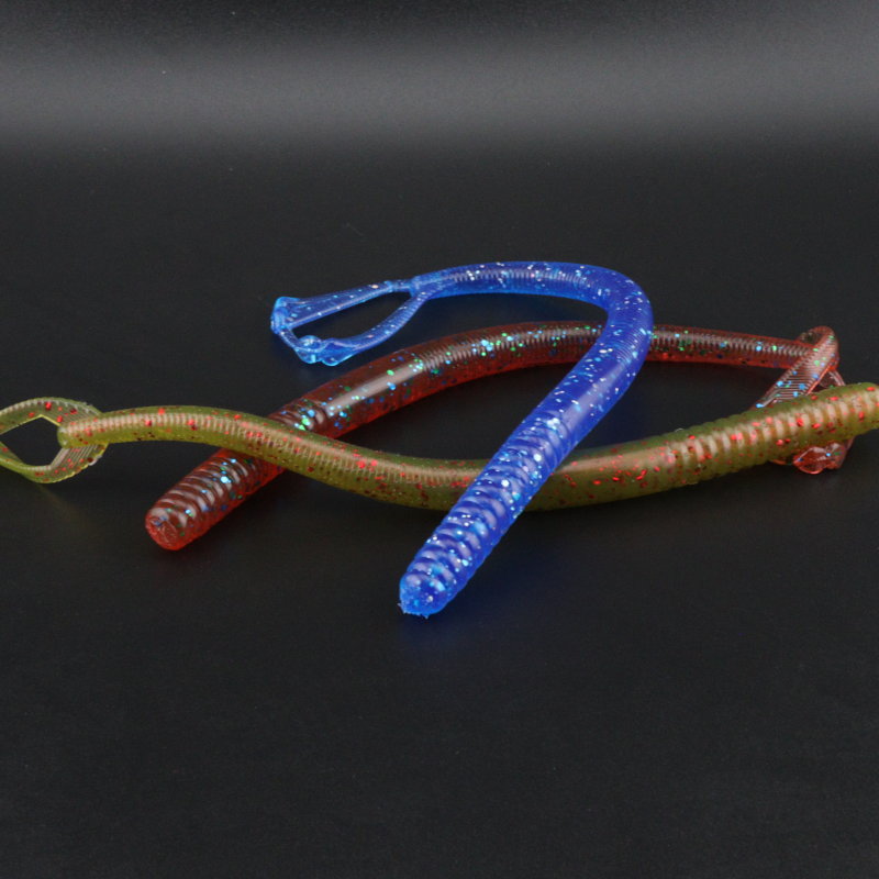 7-inch worm lure set, blue ribbed bodies with speckled red and green accents