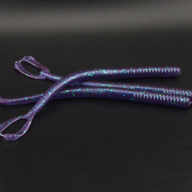 7-inch worm lure, purple-blue iridescent ribbed soft plastic with curled tail