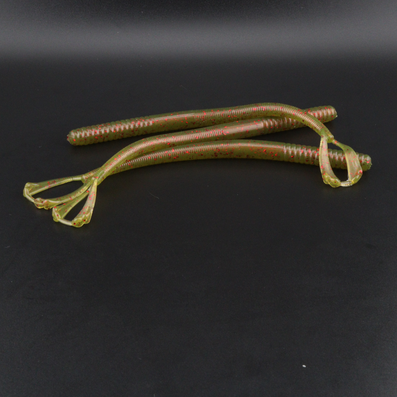 7-inch worm lure, green ribbed soft plastic with red speckles and curled tail