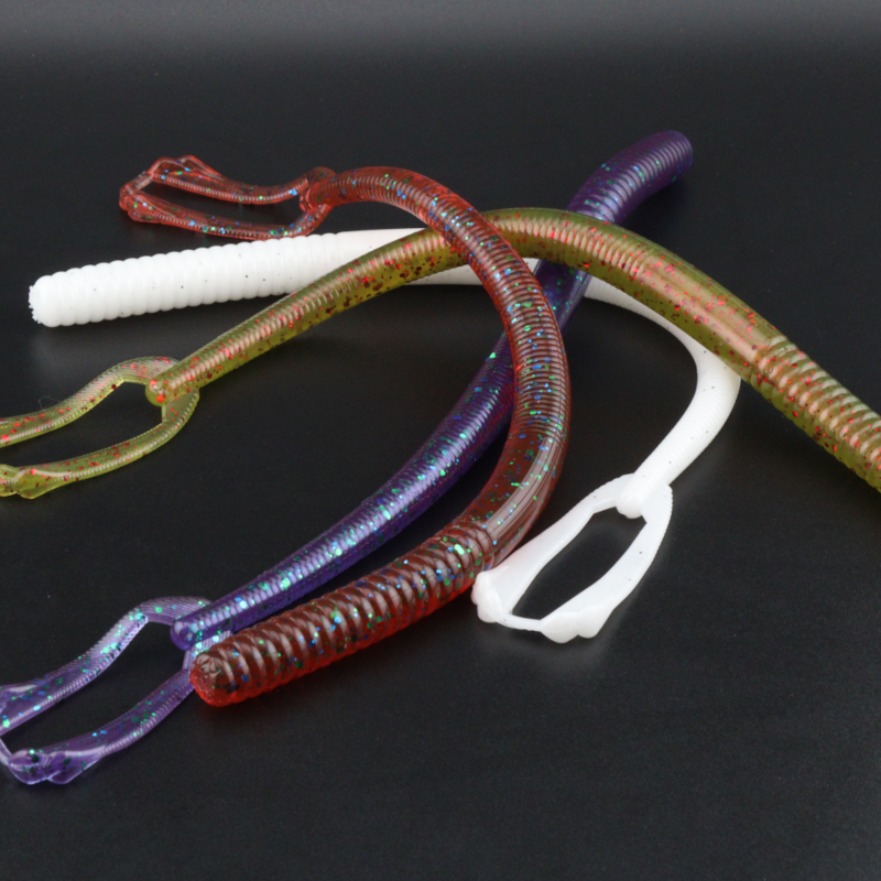 Soft plastic worm lures, multicolor rainbow speckles with ribbed bodies