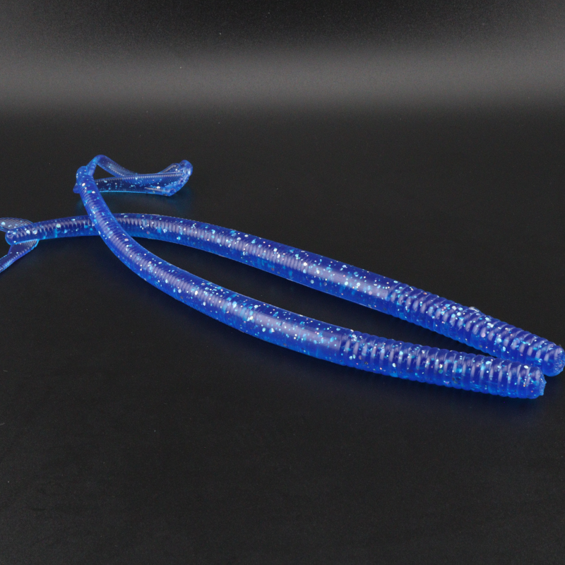 Soft plastic worm lures, bright blue with glitter speckles and ribbed bodies