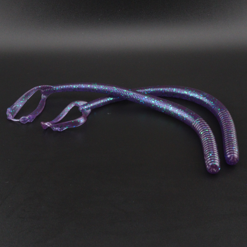 Soft plastic worm lures, purple-blue with glitter speckles and ribbed bodies