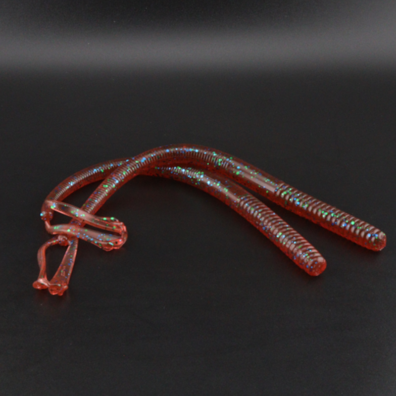 Soft plastic worm lures, brown with rainbow speckles and ribbed bodies