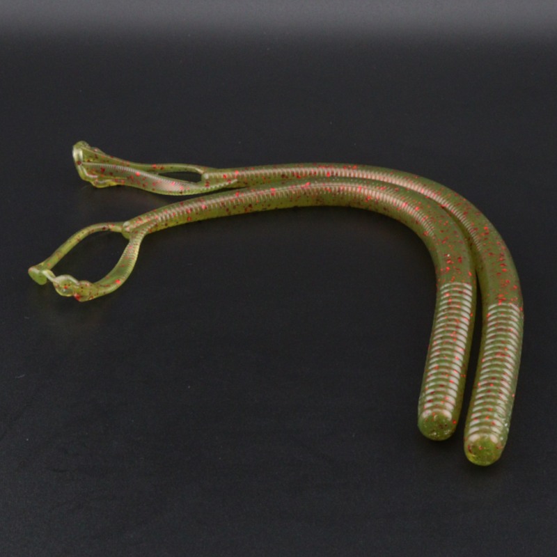 Soft plastic worm lures, green with red speckles and glitter ribbed bodies