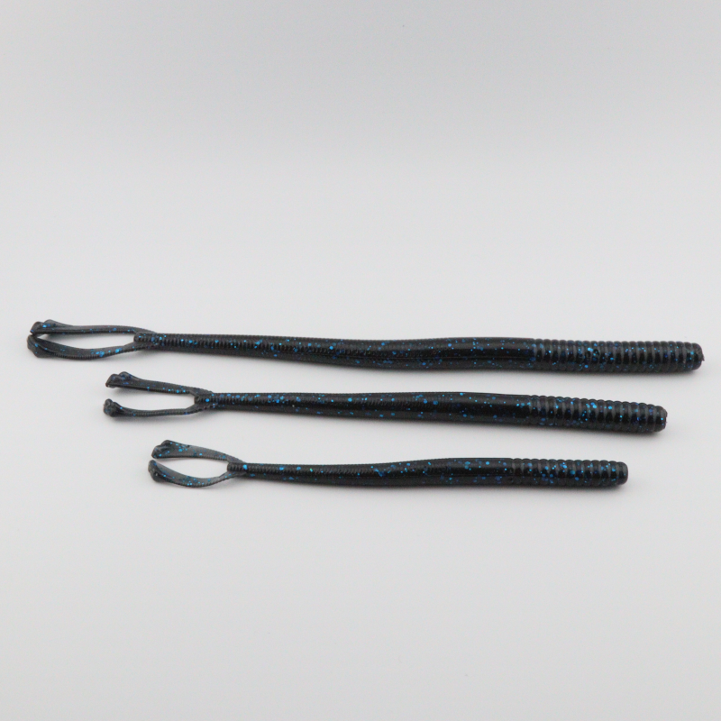 Blue-black glitter fishing worm lures with curly tails