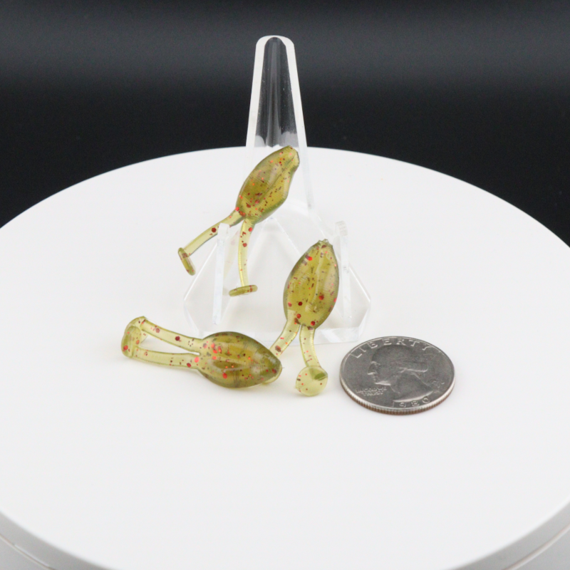1.4 in yellow-green speckled soft plastic frog lure with curled legs and tail