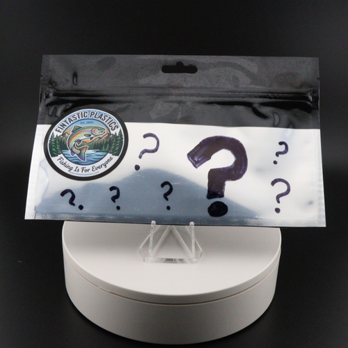 Bass fishing scratch-and-dent pack, single sealed bag with circular logo and question marks