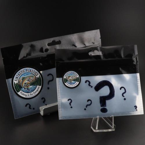 Bass fishing scratch-and-dent pack, three sealed bags with circular logos and question marks