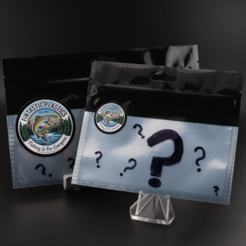 Bass fishing scratch-and-dent pack, two sealed plastic bags with logos and question marks