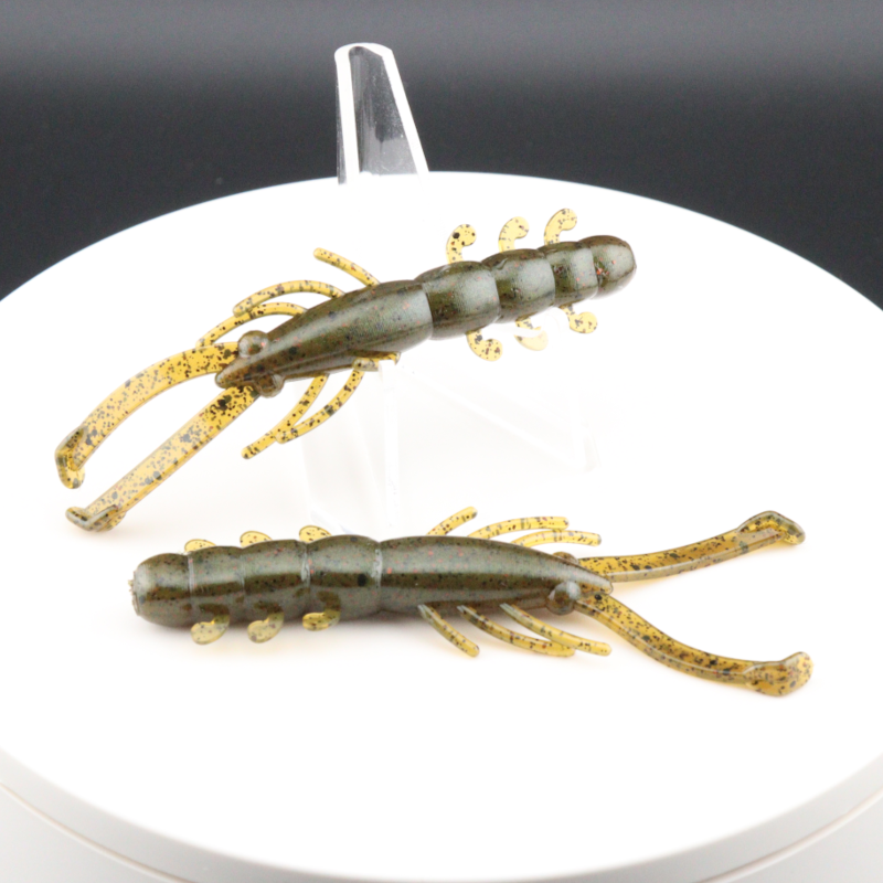 Buggy Shrimp lure, tan-olive speckled body with long curled legs and fins