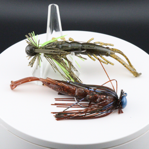 3.4 in Buggy Shrimp soft plastic fishing lure in green, brown, and blue