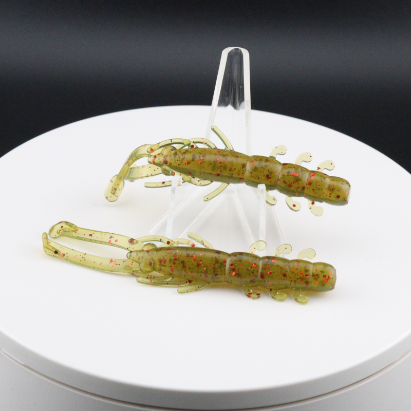 Buggy Shrimp lure, light green translucent body with red speckled dots and curled legs
