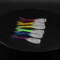 Glitter fishing lures with colored tails: red, yellow, green, blue