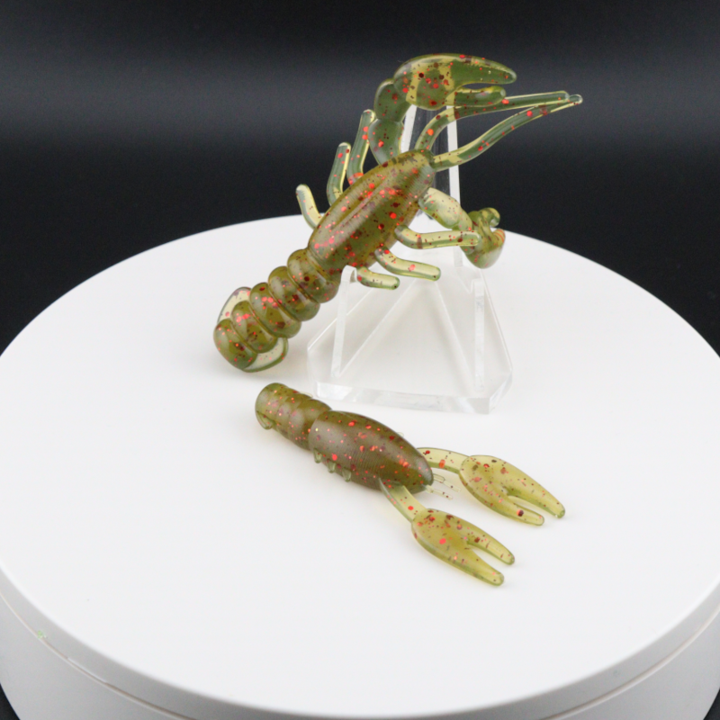Olive green speckled soft plastic craw bait with long pincher claws