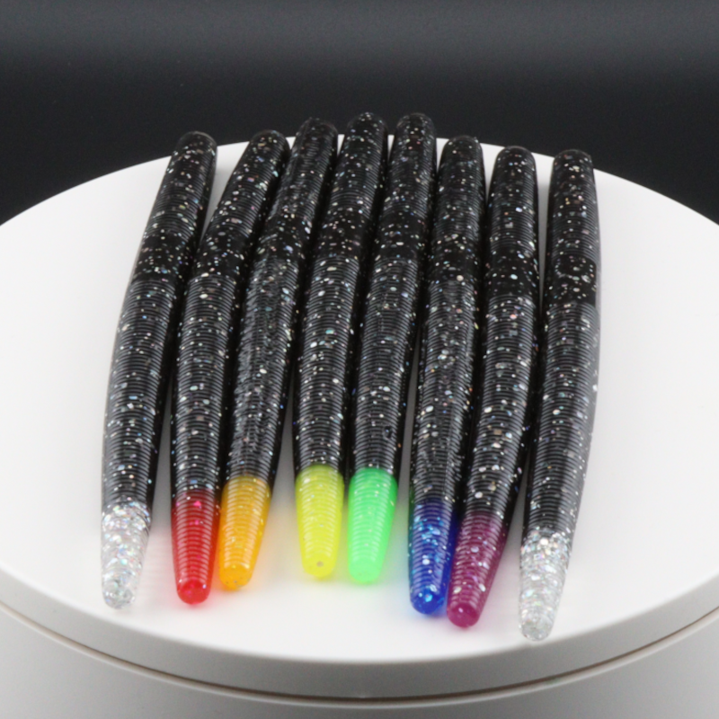 PRIDE 5-inch stick bait set: glitter black bodies with multicolor tips (red, yellow, green, blue)