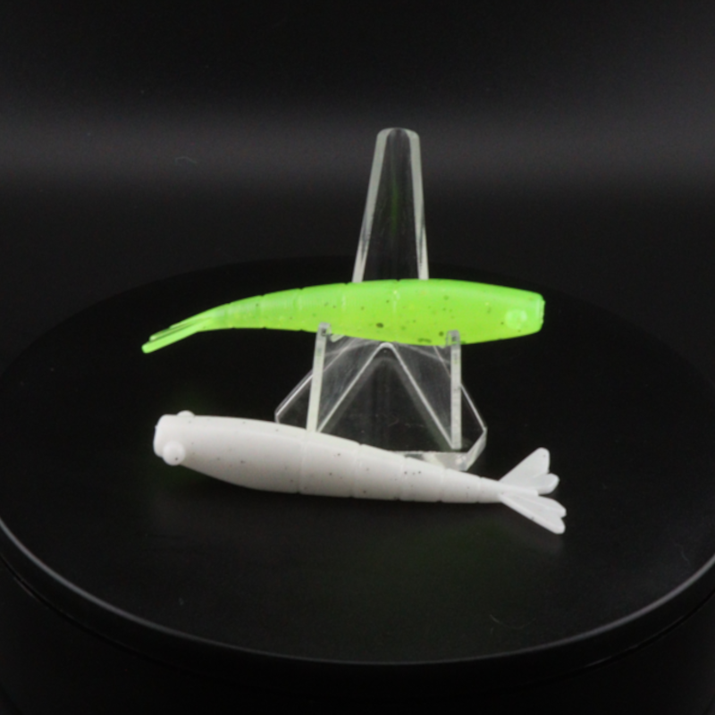 3-inch chartreuse and white shrimp soft baits on clear stand