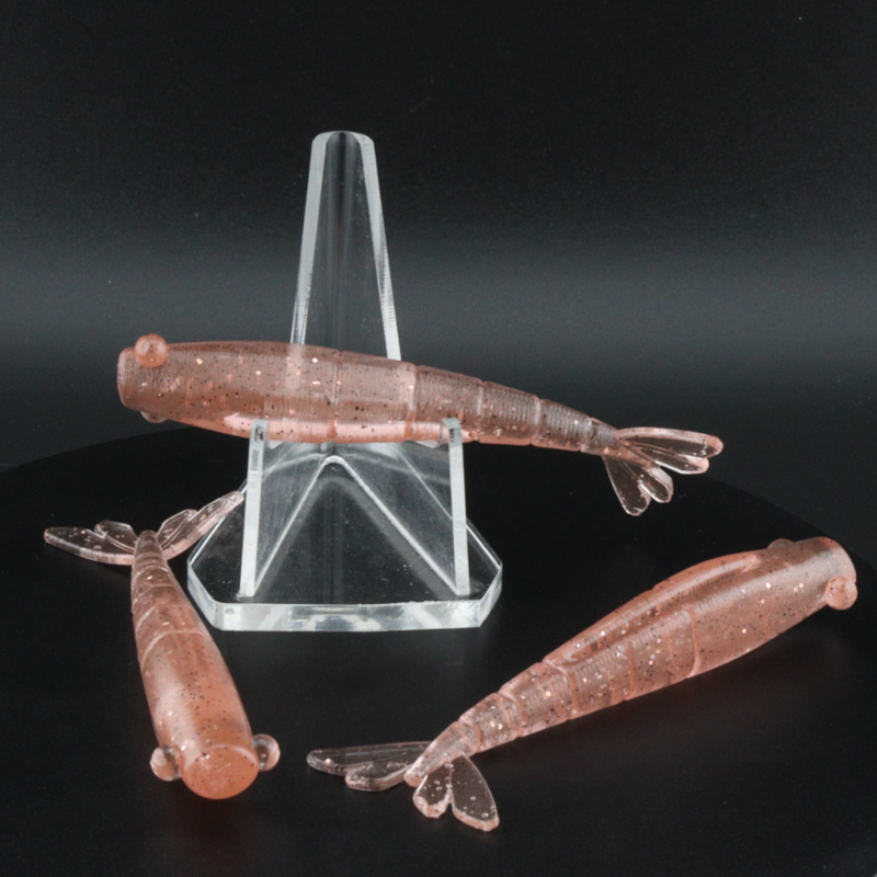 3-inch translucent pink speckled shrimp-shaped lure set with clear display stand