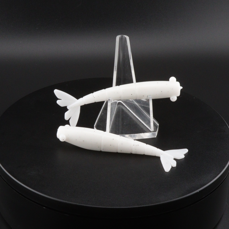 3-inch white shrimp soft baits on clear stand