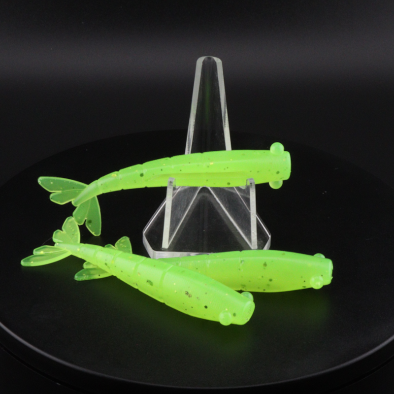 3-inch chartreuse shrimp soft baits on clear stand