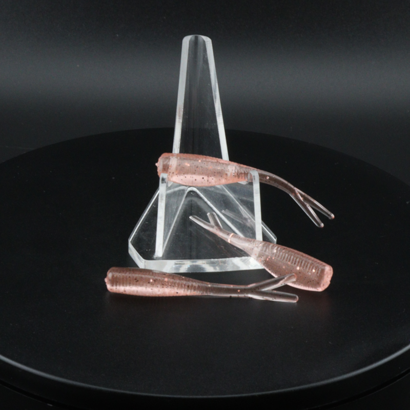 2-inch plastic worm fishing lures, pinkish-brown glitter, in clear display stand