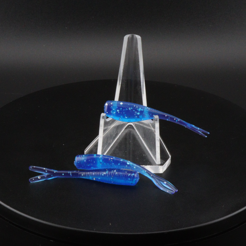 Blue glitter soft plastic fishing lures, 2-inch size, with paddle tails