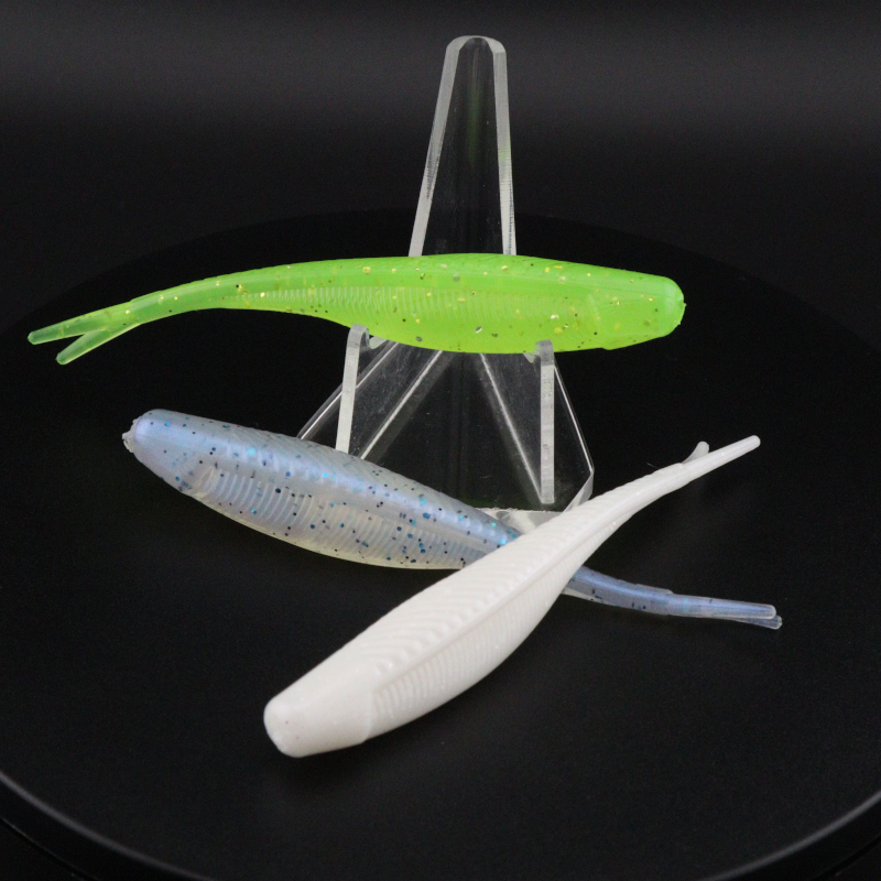 3.5-inch soft plastic shiner lures, lime green, light blue, and white