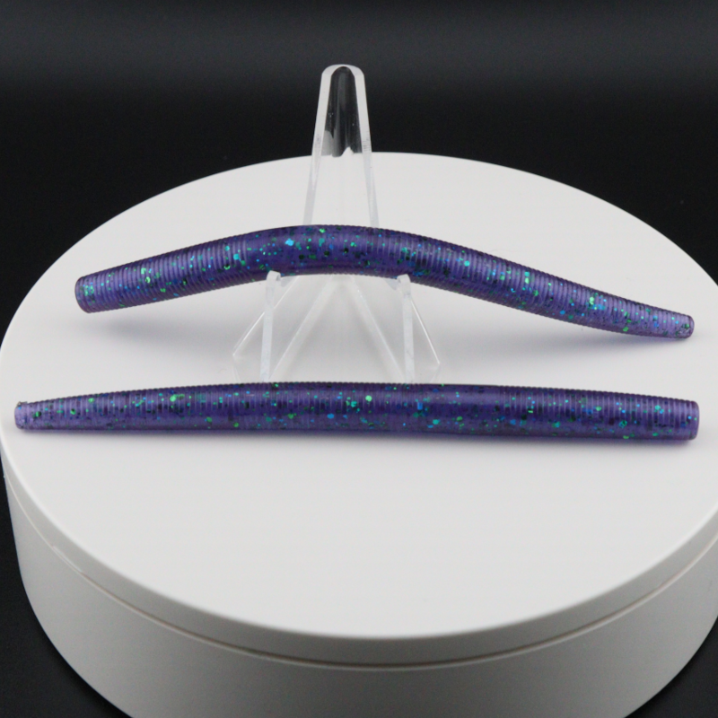 5 inch stick worm lures, purple blue with holographic glitter specks