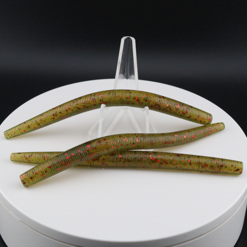 5 inch stick worm lures, chartreuse green with red speckles and glitter