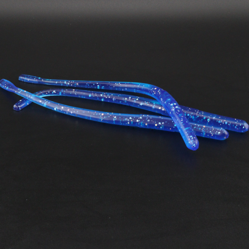 Straight tail worm lures in blue with light speckles and three curved bodies