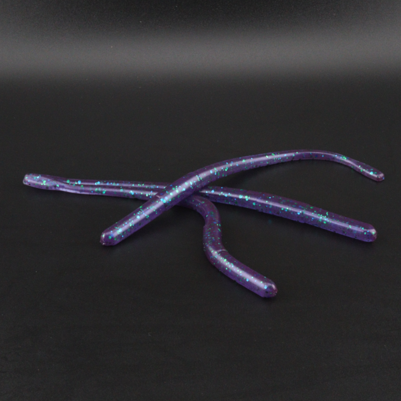 Straight tail worm lures in purple-blue with glitter speckles and four curved tails
