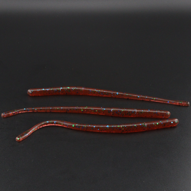 Straight tail worm lures in red-brown with multicolor speckles, three long pieces