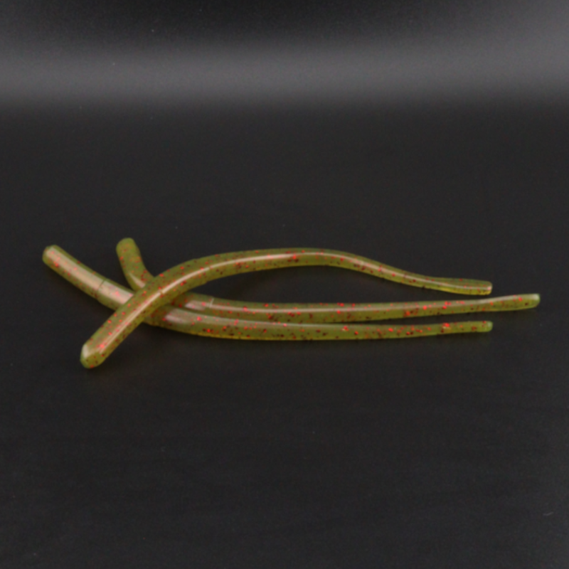 Straight tail worm lures in olive green with red speckles, three curved pieces