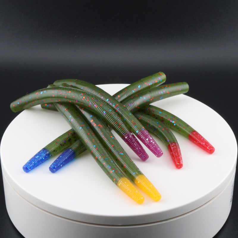 Assorted multicolor stick bait worms with glitter speckles