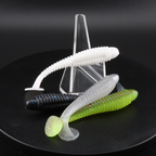 3.2-inch ringer soft plastic fishing lure, black and green ribbed bodies, paddle tails